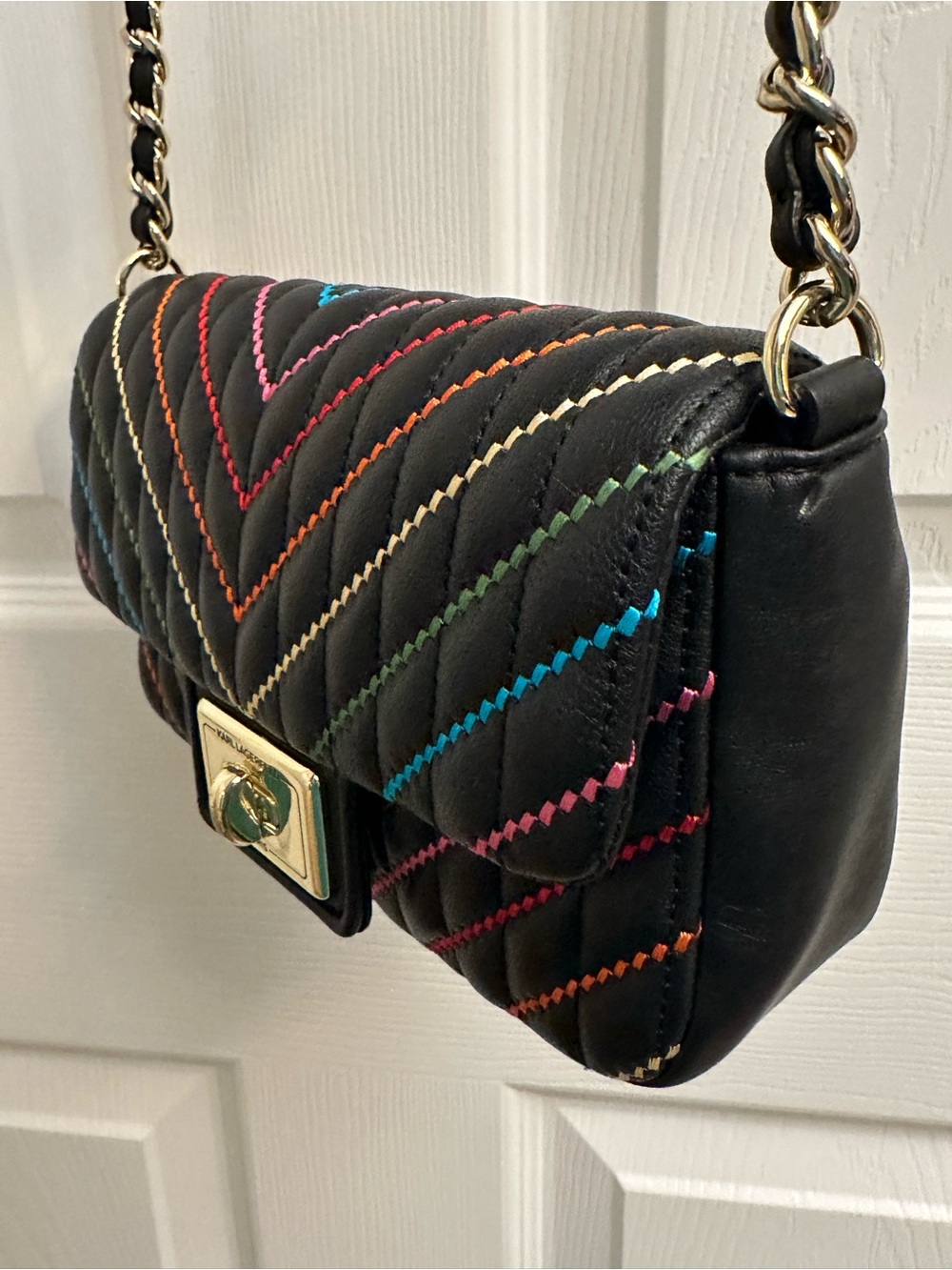 Karl Lagerfeld Black Quilted Crossbody Bag with Multicolor Stitching - Picture 2 of 16